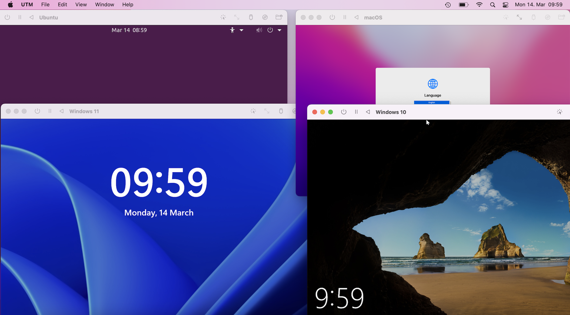 Windows 10, Windows 11, Ubuntu and macOS VM windows